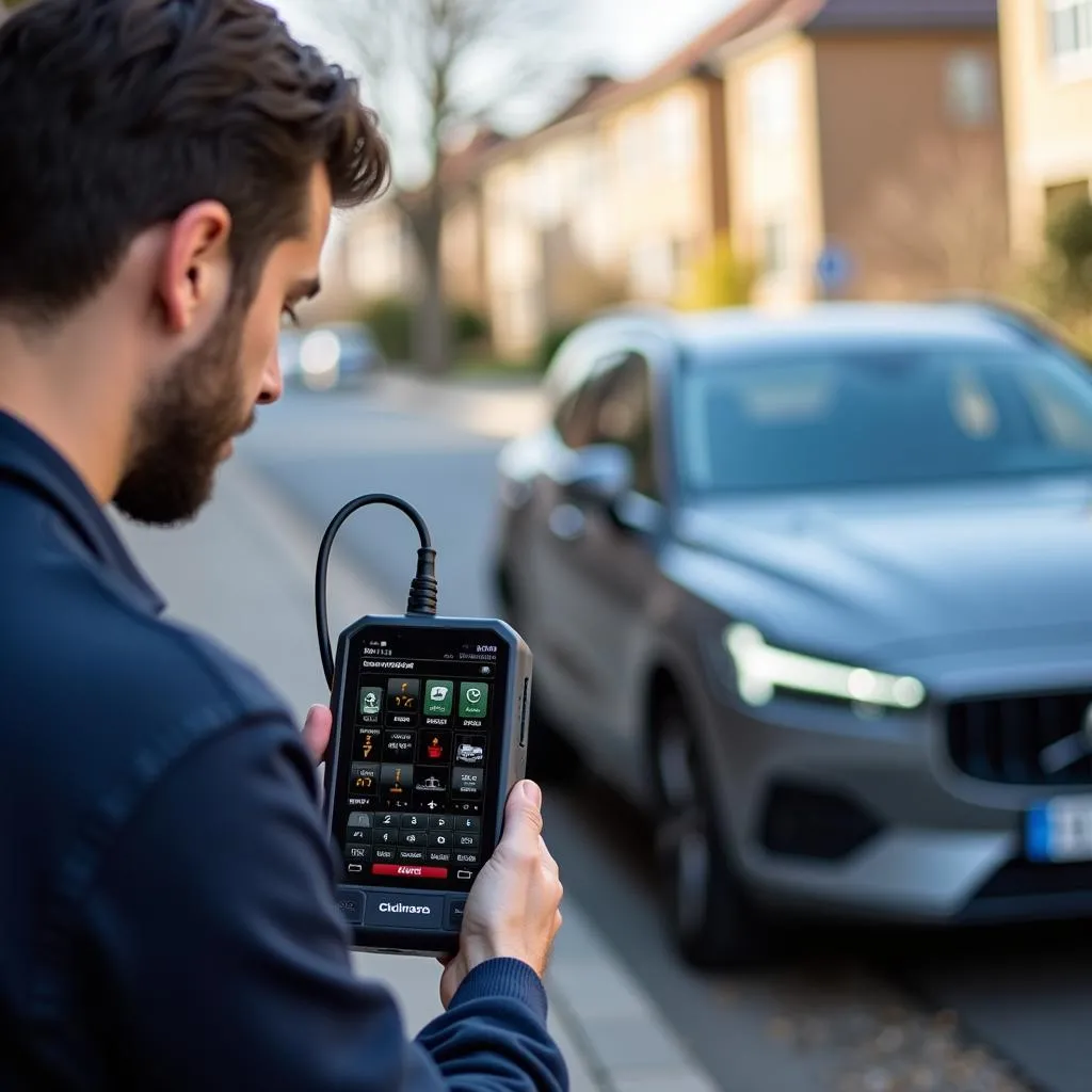 Outil de diagnostic Autel utilisé sur une voiture garée sur la rue Jean Touret