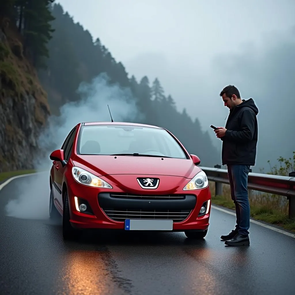 Panne électrique d'une voiture Peugeot sur une route de montagne