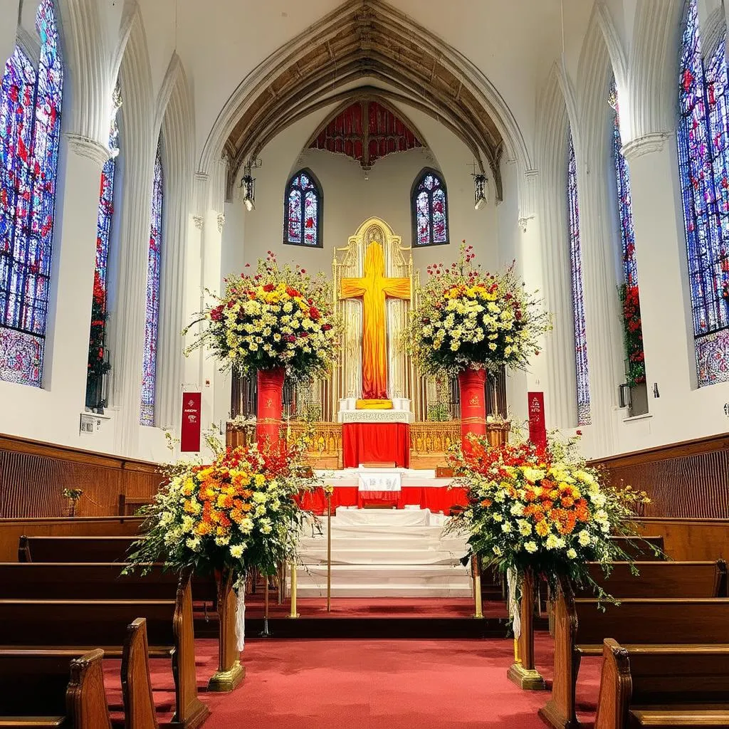 Décoration florale d'une église pour la Pentecôte