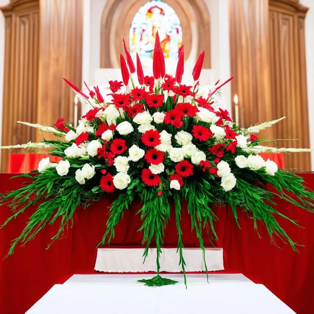 Arrangement floral rouge et blanc sur un autel pour la Pentecôte