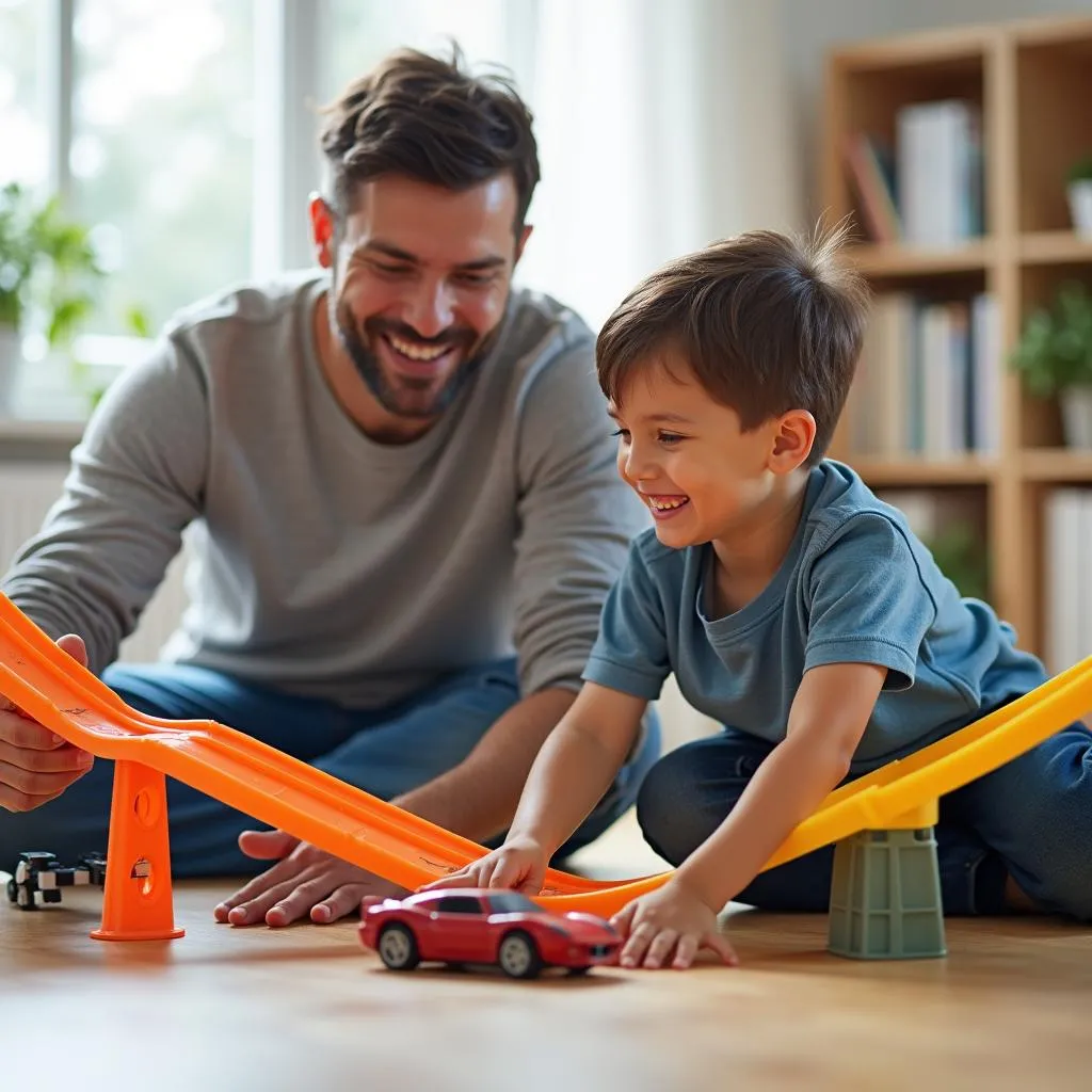 Père et fils jouant avec un circuit de voitures