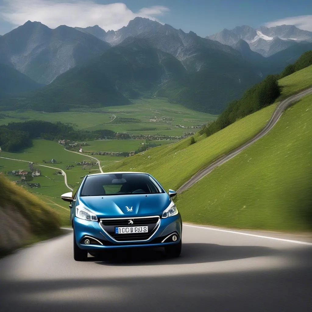 Peugeot 208 driving through French Alps