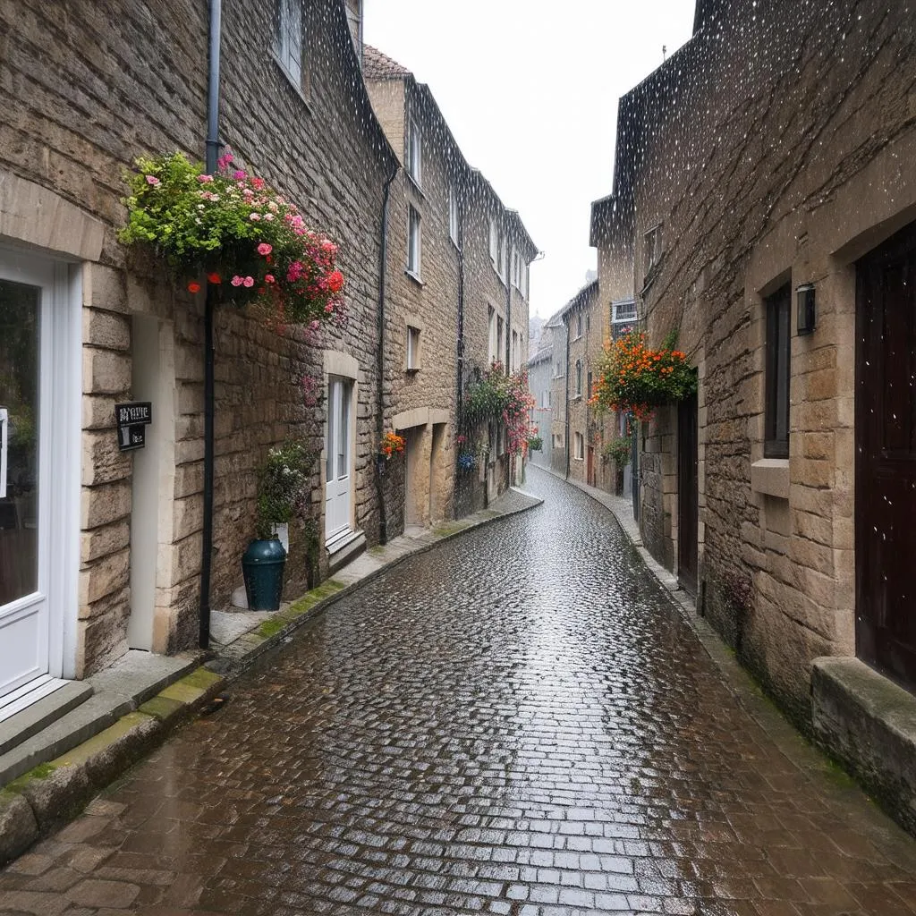 une rue étroite d'un village français avec des maisons en pierre des deux côtés, décorée de fleurs colorées, sous une forte pluie, avec des flaques d'eau sur le sol pavé.