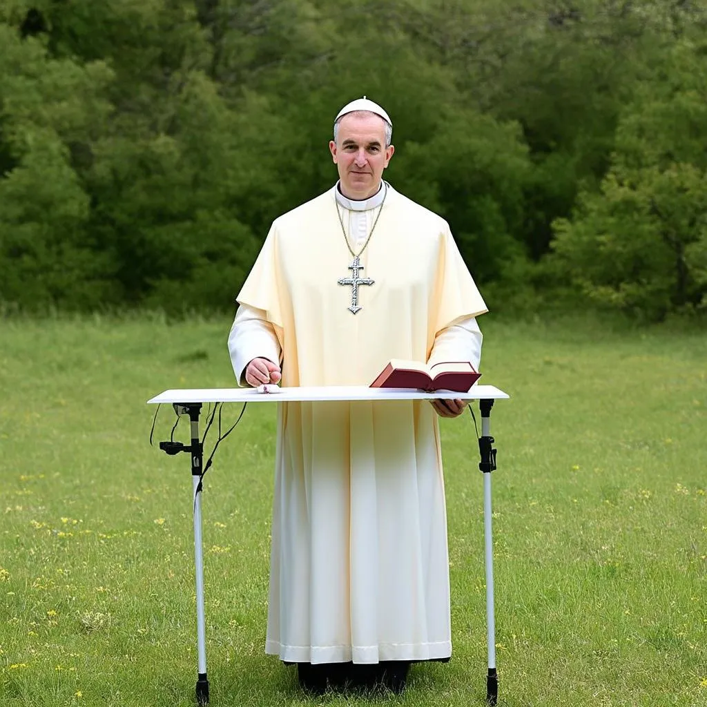 Prêtre avec un Autel Catholique de Transport