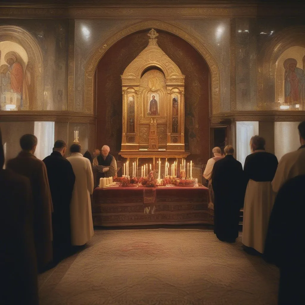 Groupe de fidèles priant devant l'autel pendant la liturgie orthodoxe