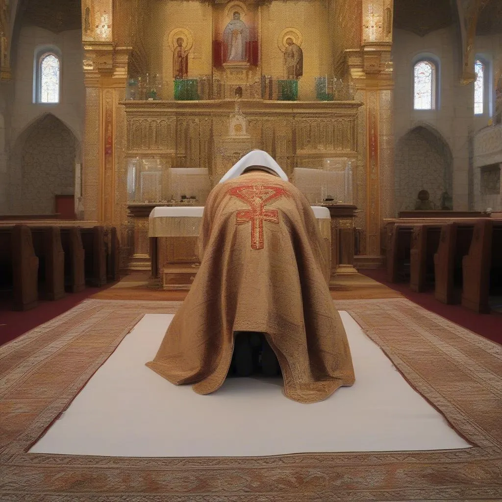 Homme se prosternant devant l'autel pendant la liturgie orthodoxe