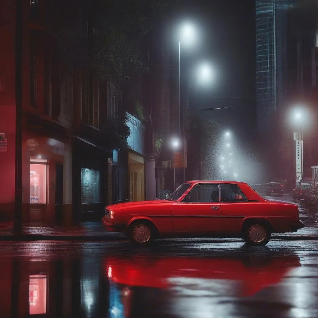 Voiture rouge sous la pluie, lumières de la ville