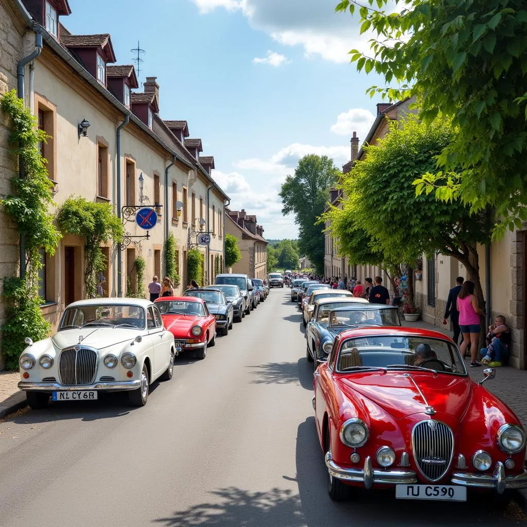 Rassemblement de voitures anciennes colorées dans un village français pittoresque