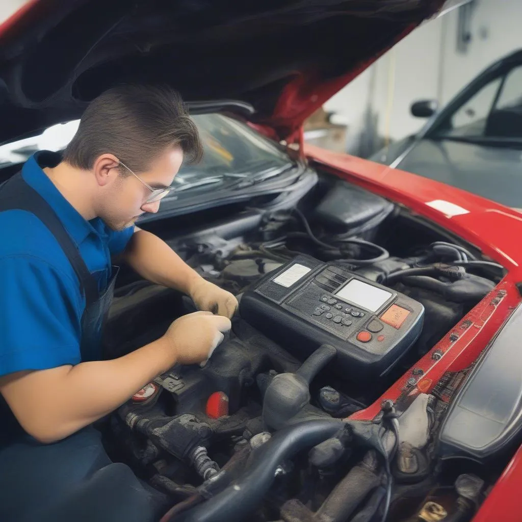 Un réparateur automobile qualifié diagnostiquant un problème sur une Mazda Miata 1993