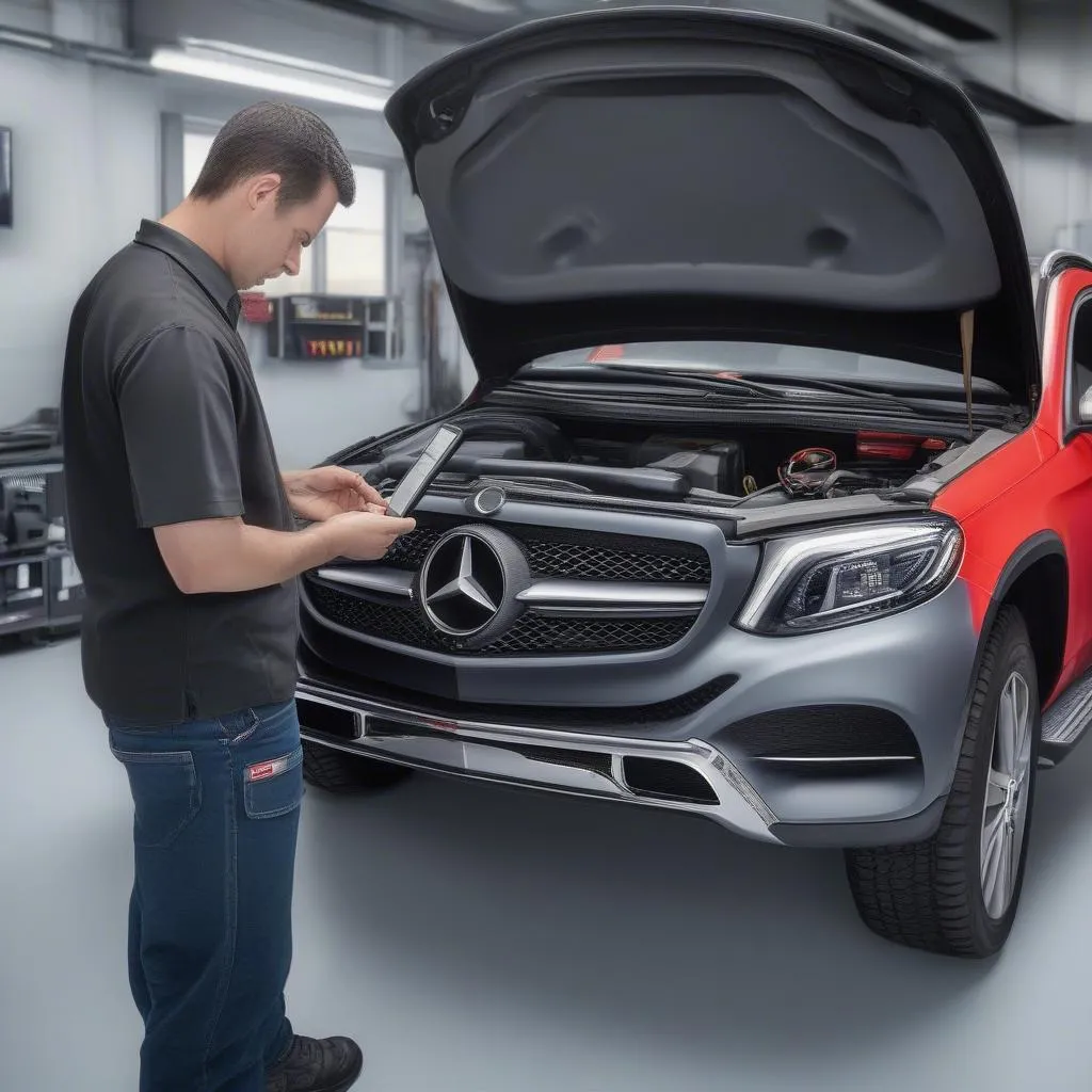 Un mécanicien utilisant le scanner Autel Alanet Xulima pour diagnostiquer une Mercedes-Benz