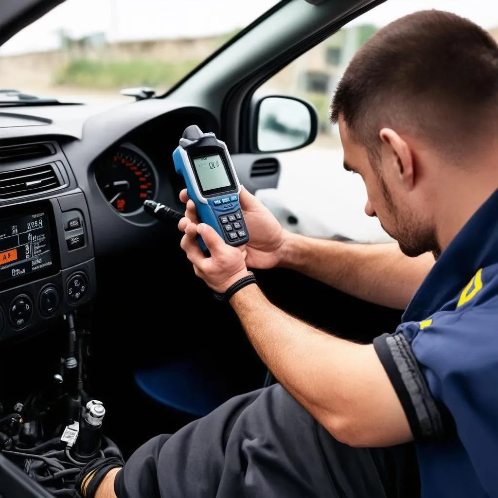 Un mécanicien utilise un scanner OBD sur une Renault Clio