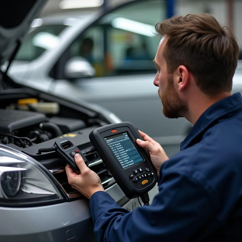 Mécanicien utilisant un scanner OBD sur une Renault Espace