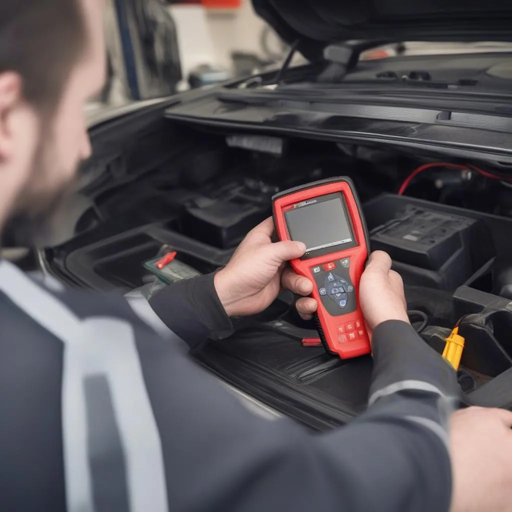 Un mécanicien utilise l'Autel Maxidas DS808 pour diagnostiquer un problème électrique sur une voiture européenne