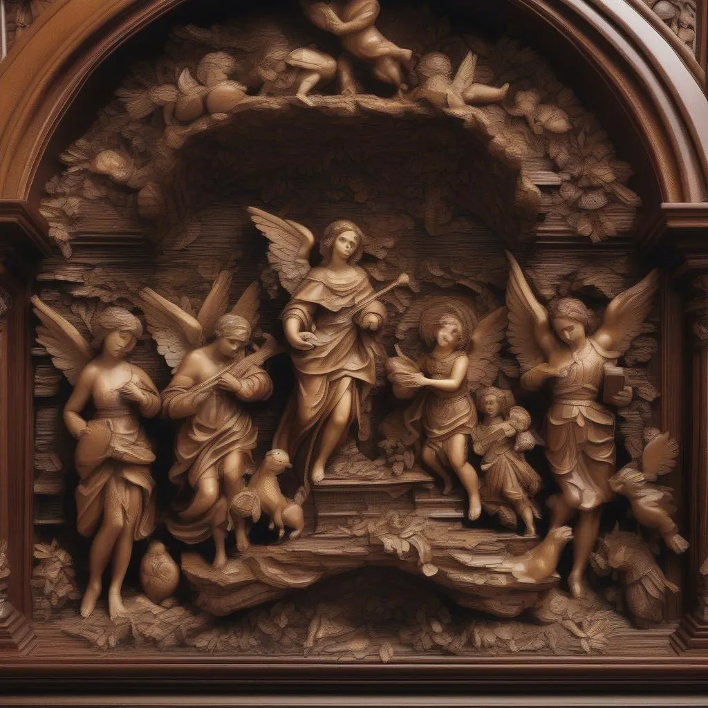 Sculpture en bois détaillée sur un autel baroque