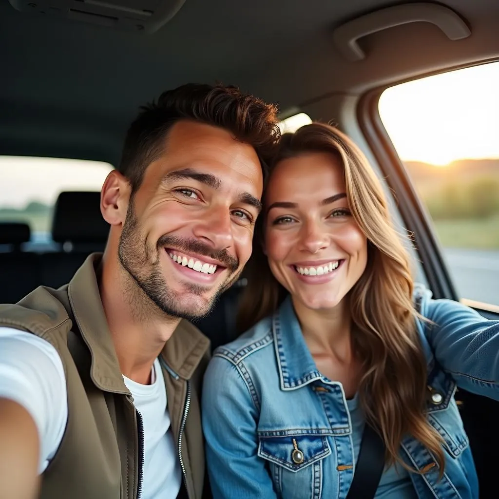 Selfie en voiture : couple heureux sur la route