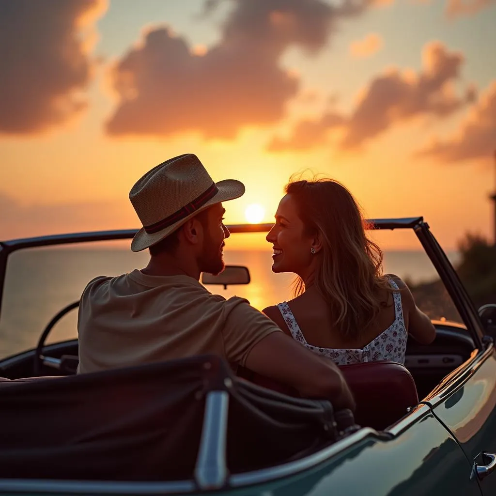 Selfie romantique en voiture avec un paysage magnifique