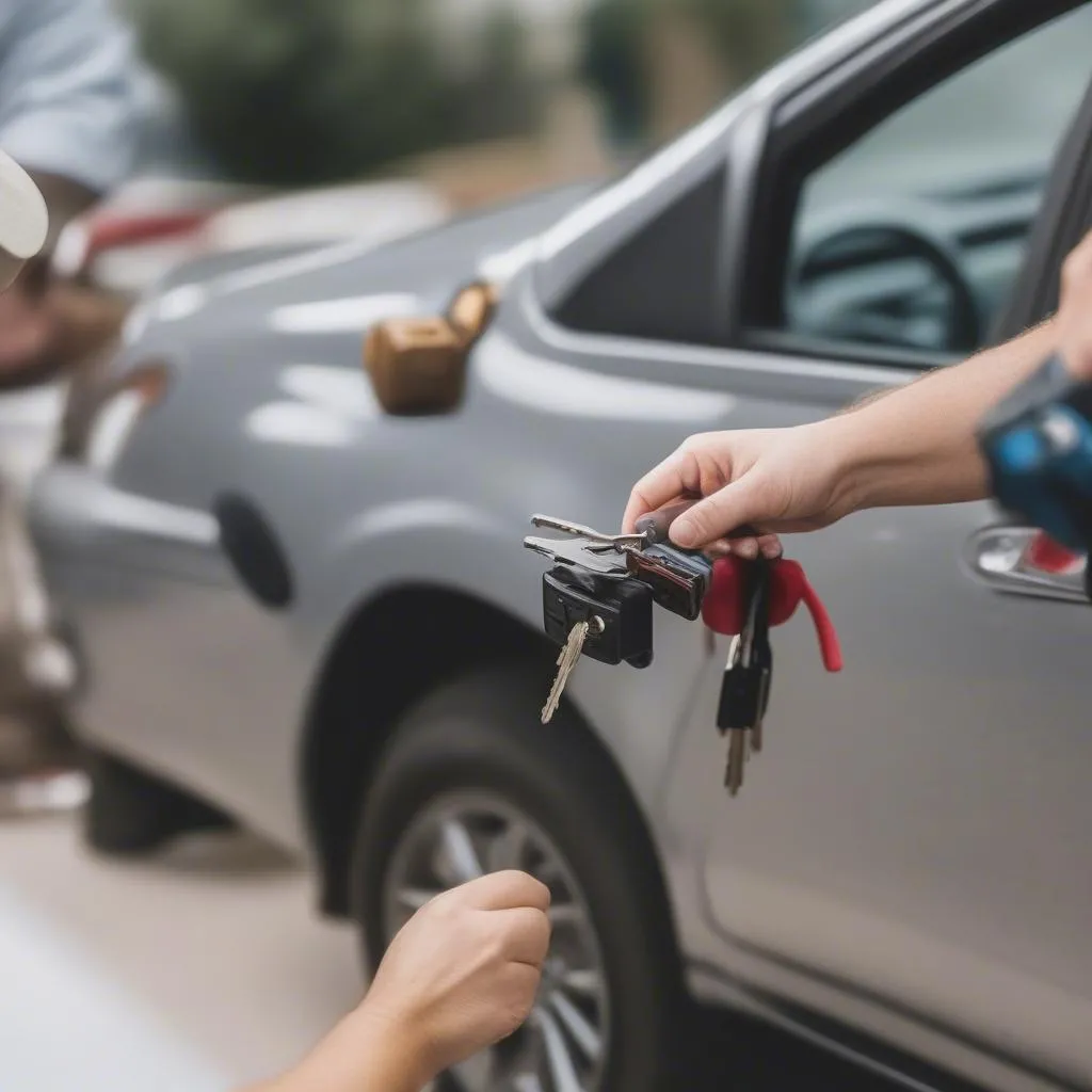 Serrurier automobile aidant un client avec un problème de serrure de voiture