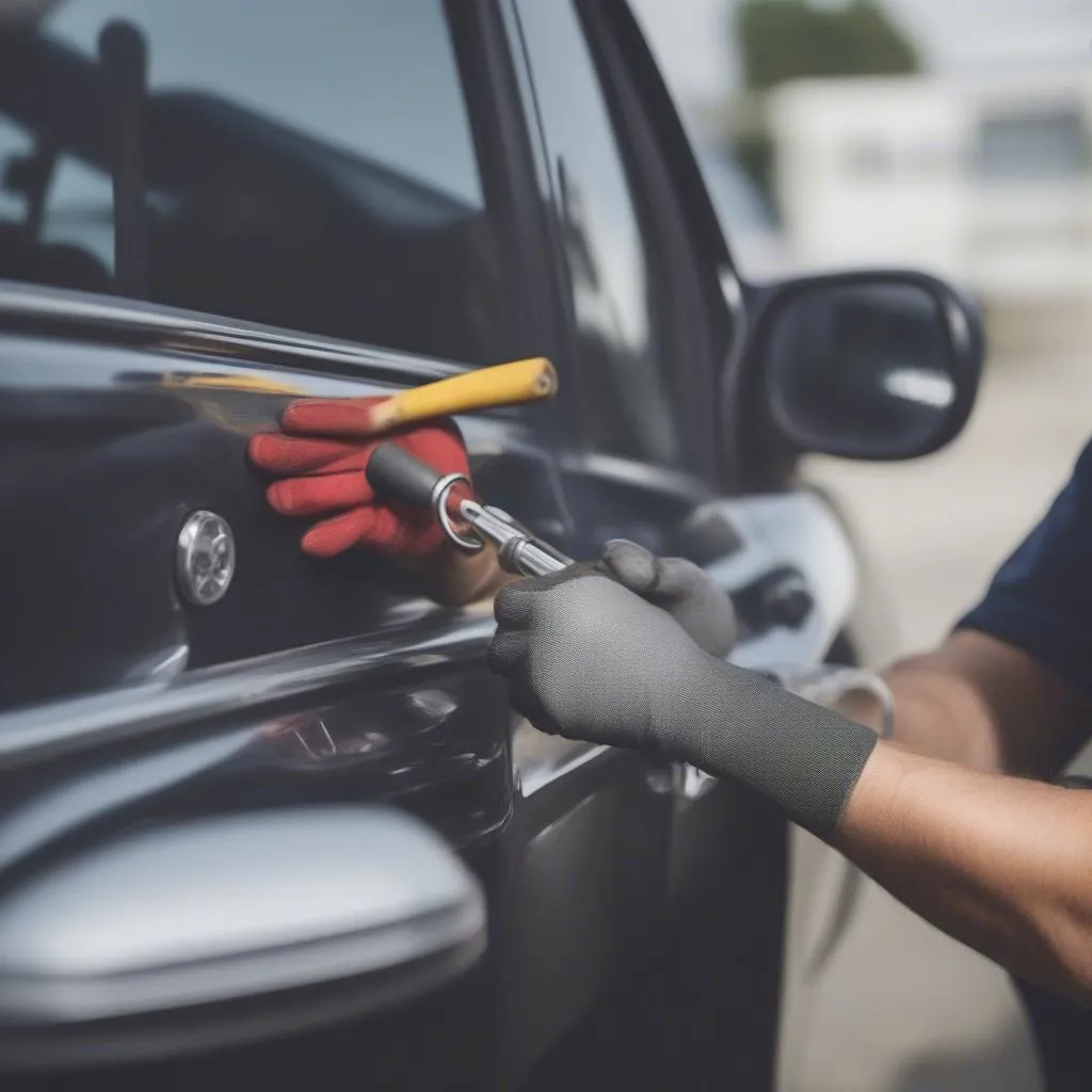 Serrurier automobile au travail