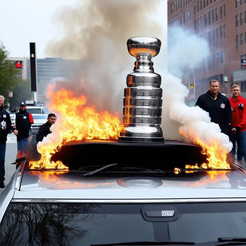 Coupe Stanley en feu sur une voiture