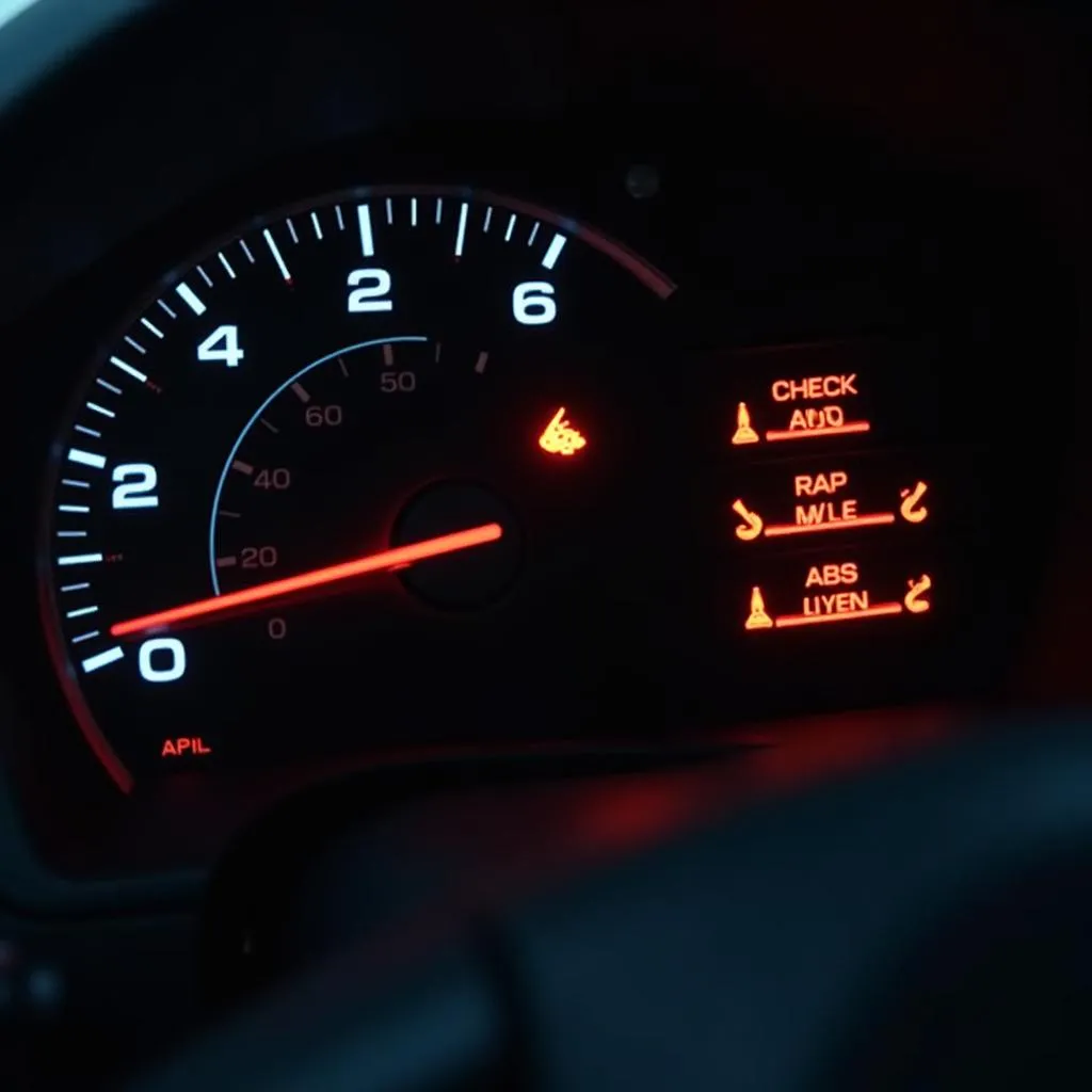 Tableau de bord d'une voiture moderne avec plusieurs voyants lumineux, indiquant un problème électronique