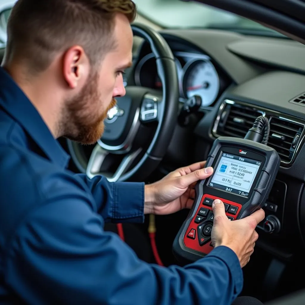 Technicien automobile effectuant un diagnostic du système électrique d'une voiture