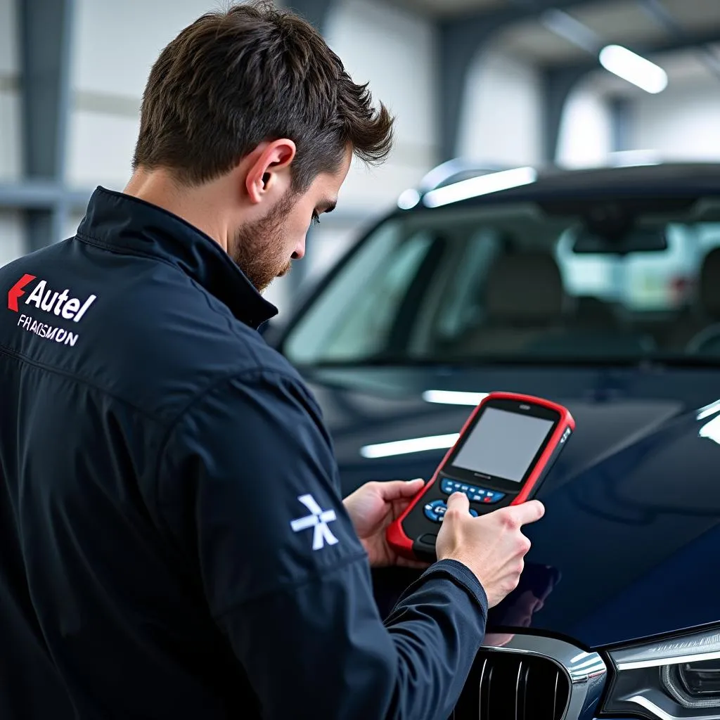 Technicien automobile utilisant un outil de diagnostic sur une voiture européenne