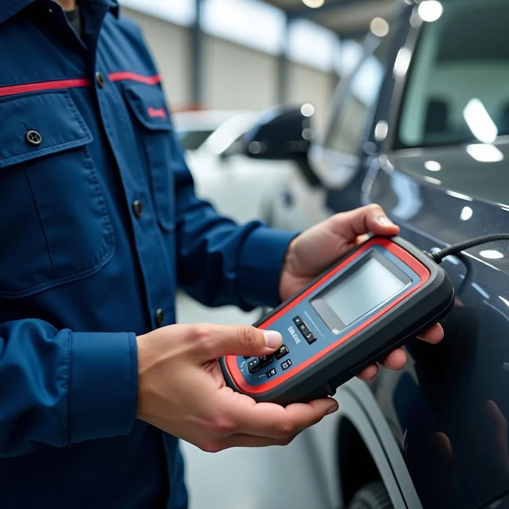 Technicien automobile diagnostiquant le système électrique d'une voiture européenne