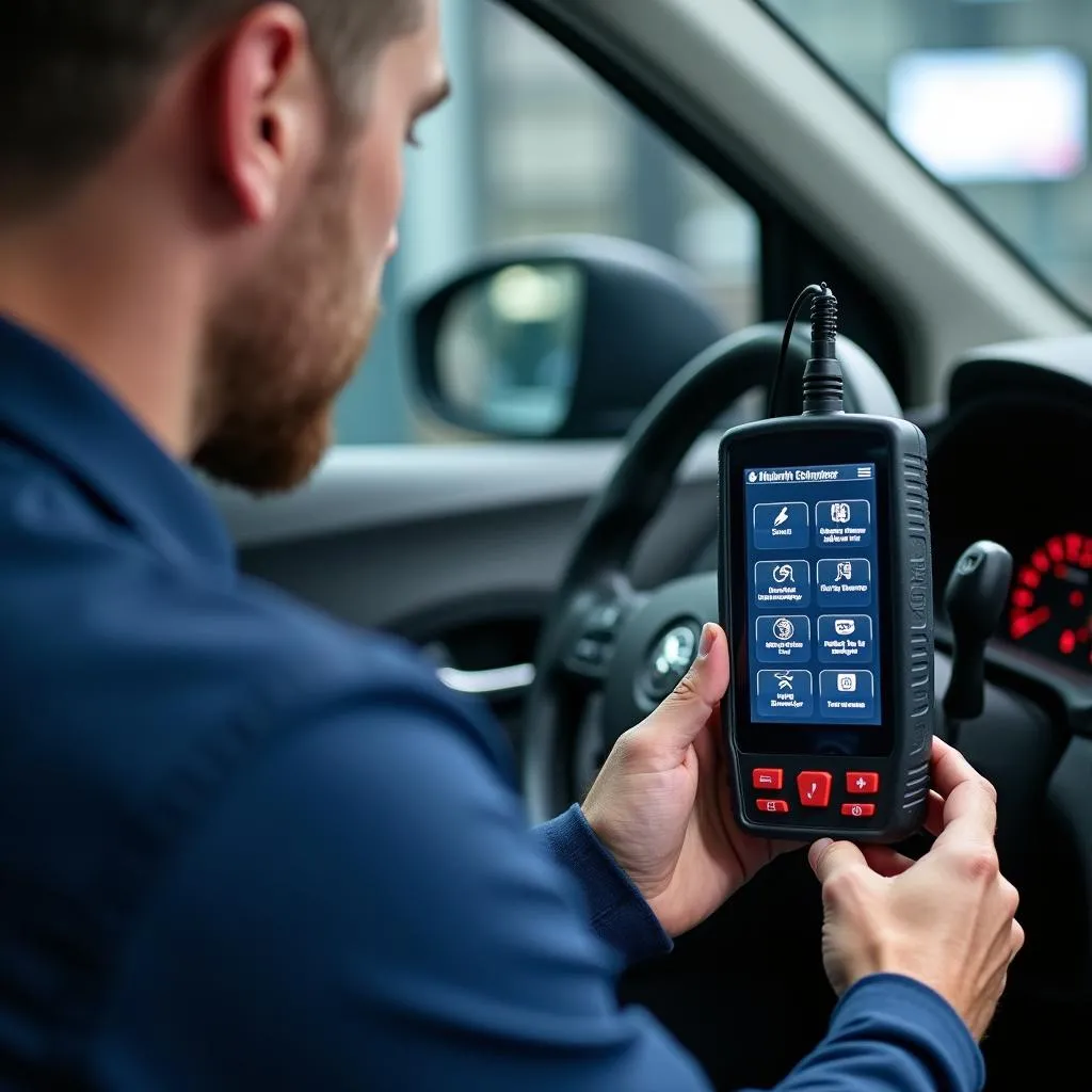 Technicien automobile en formation sur un outil de diagnostic