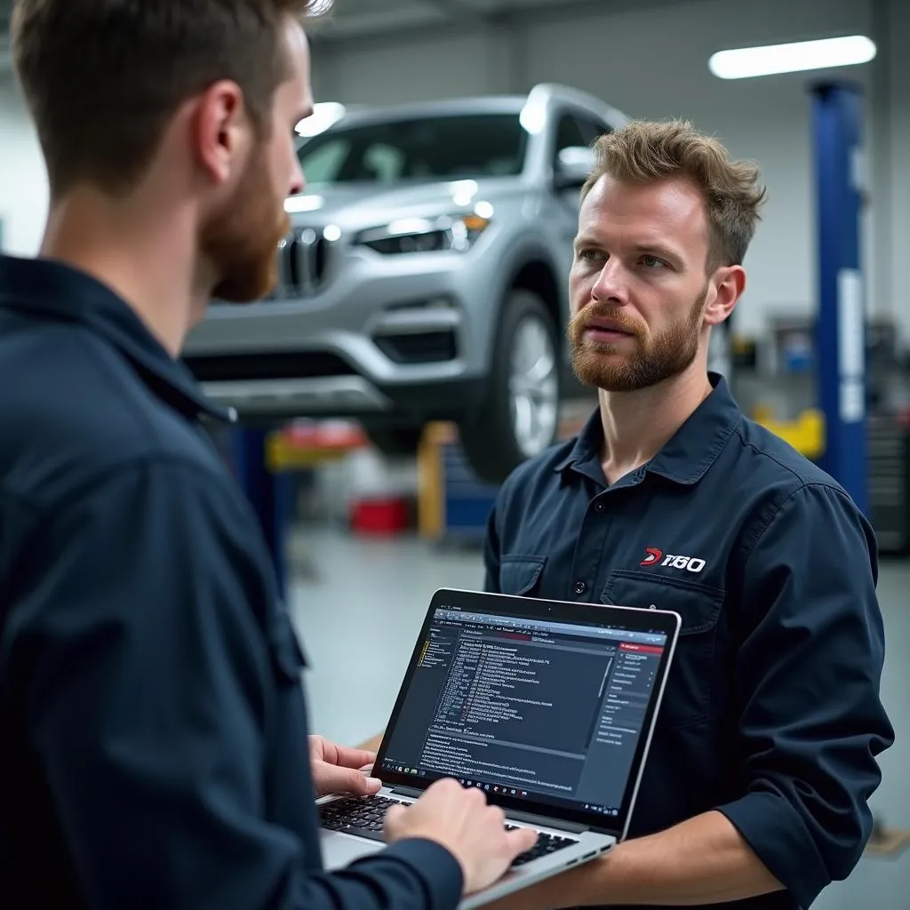 Technicien automobile utilisant un ordinateur portable pour le diagnostic