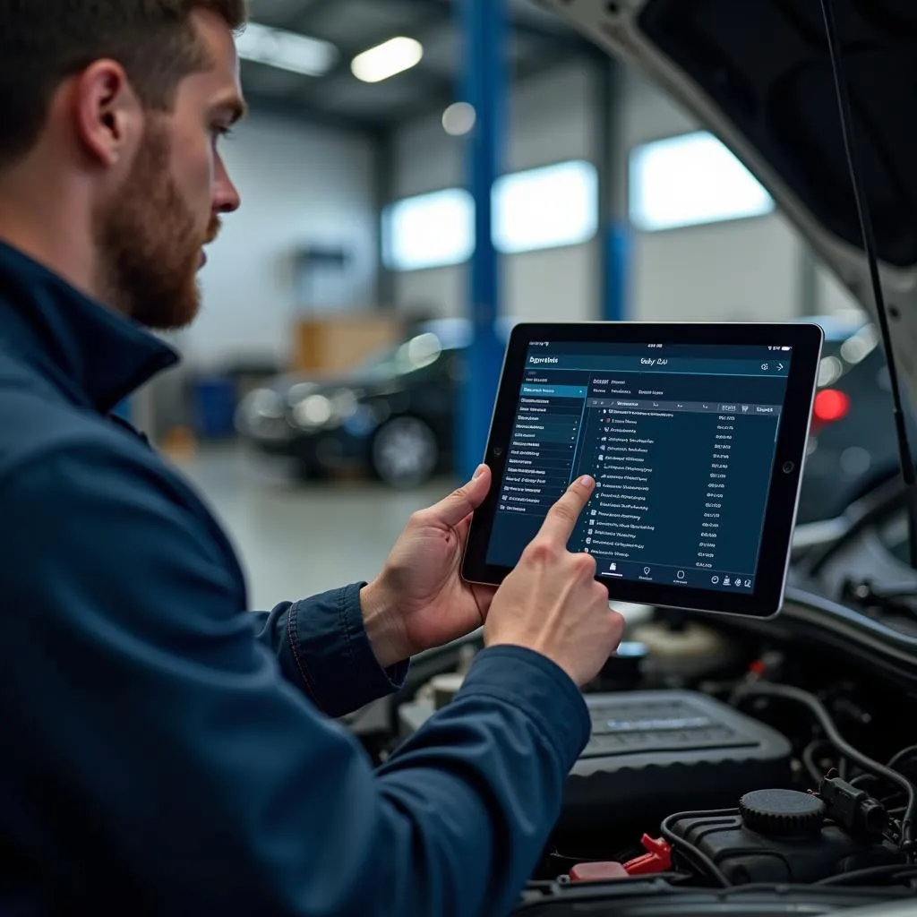 Technicien Automobile Utiliser Tablette Diagnostiquer Voiture