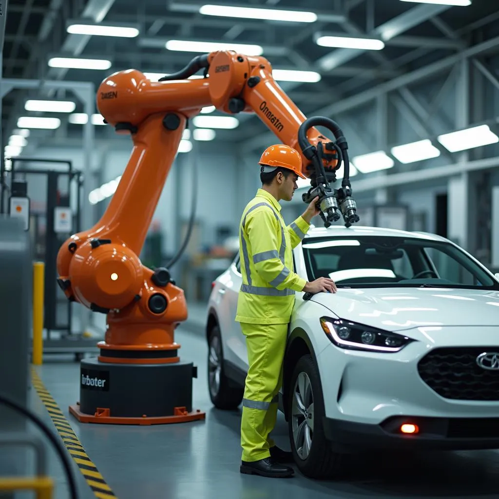 Un technicien effectuant la maintenance d'un robot dans une usine automobile