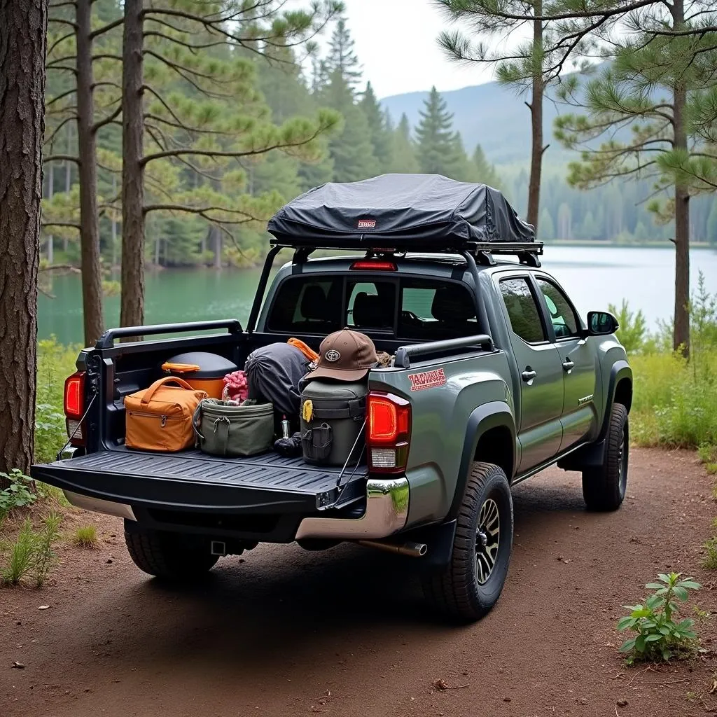 Toyota Tacoma avec benne remplie de matériel de camping