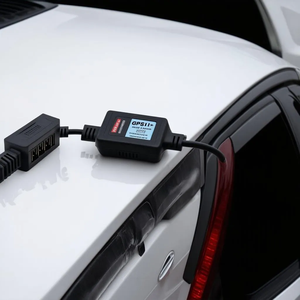 Un tracker GPS OBD II branché sur le port de diagnostic d'une voiture