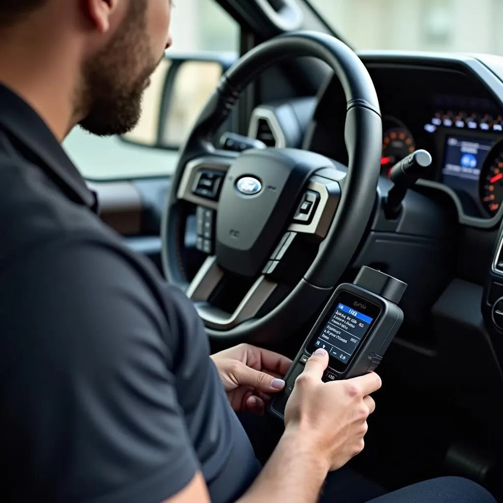 Un mécanicien utilisant un lecteur de code OBD II sur un Ford F150