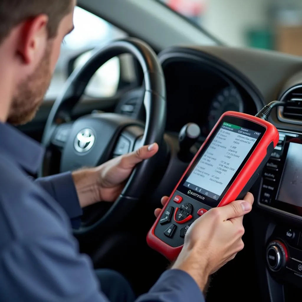 Un mécanicien utilisant un scanner OBD sur une Toyota Corolla