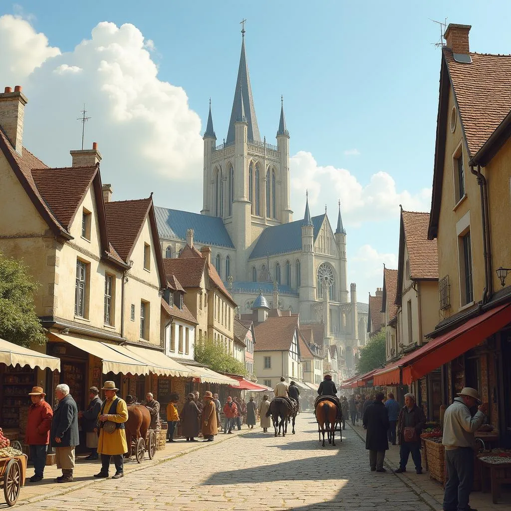 Scène de la vie quotidienne autour de la cathédrale de Bayeux