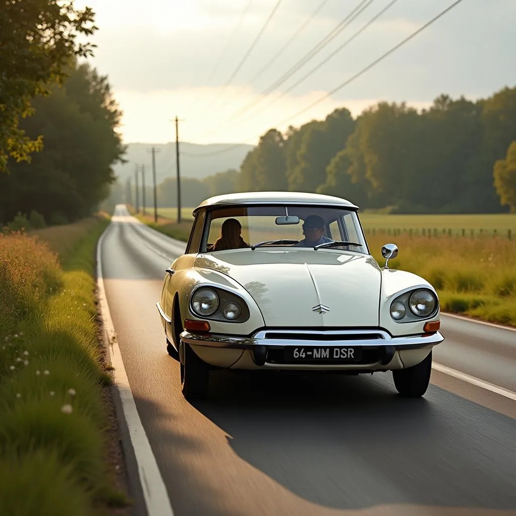 Citroën DS de collection traversant la campagne française