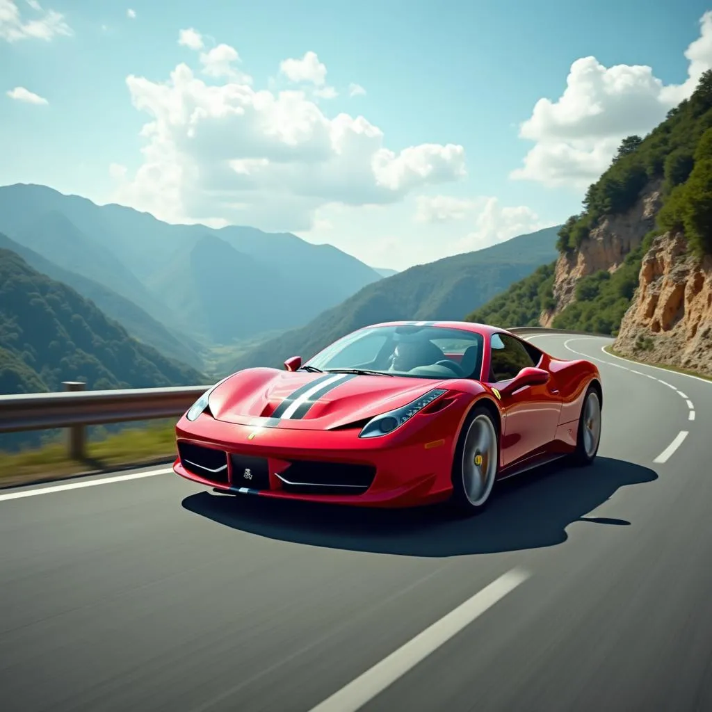 Voiture de sport italienne rouge sur route de montagne