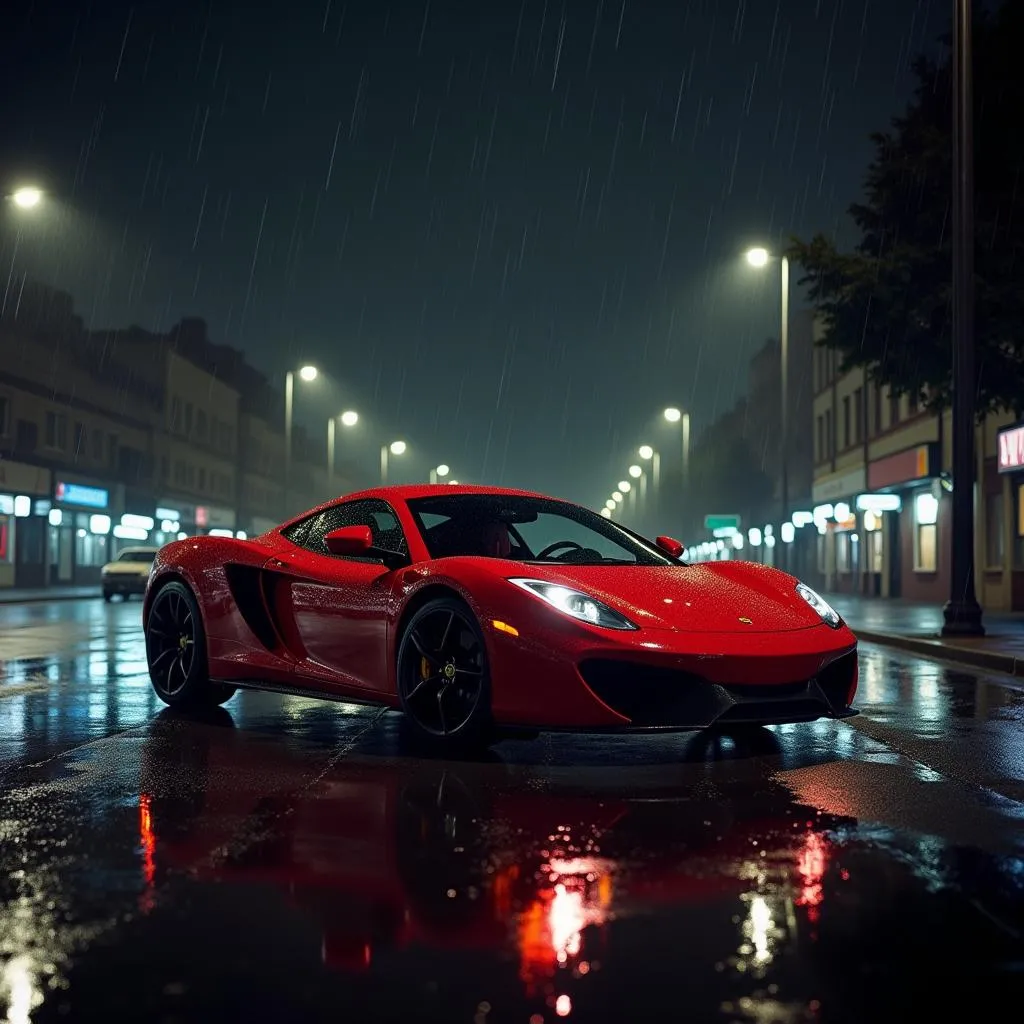 Voiture de sport rouge sous la pluie la nuit