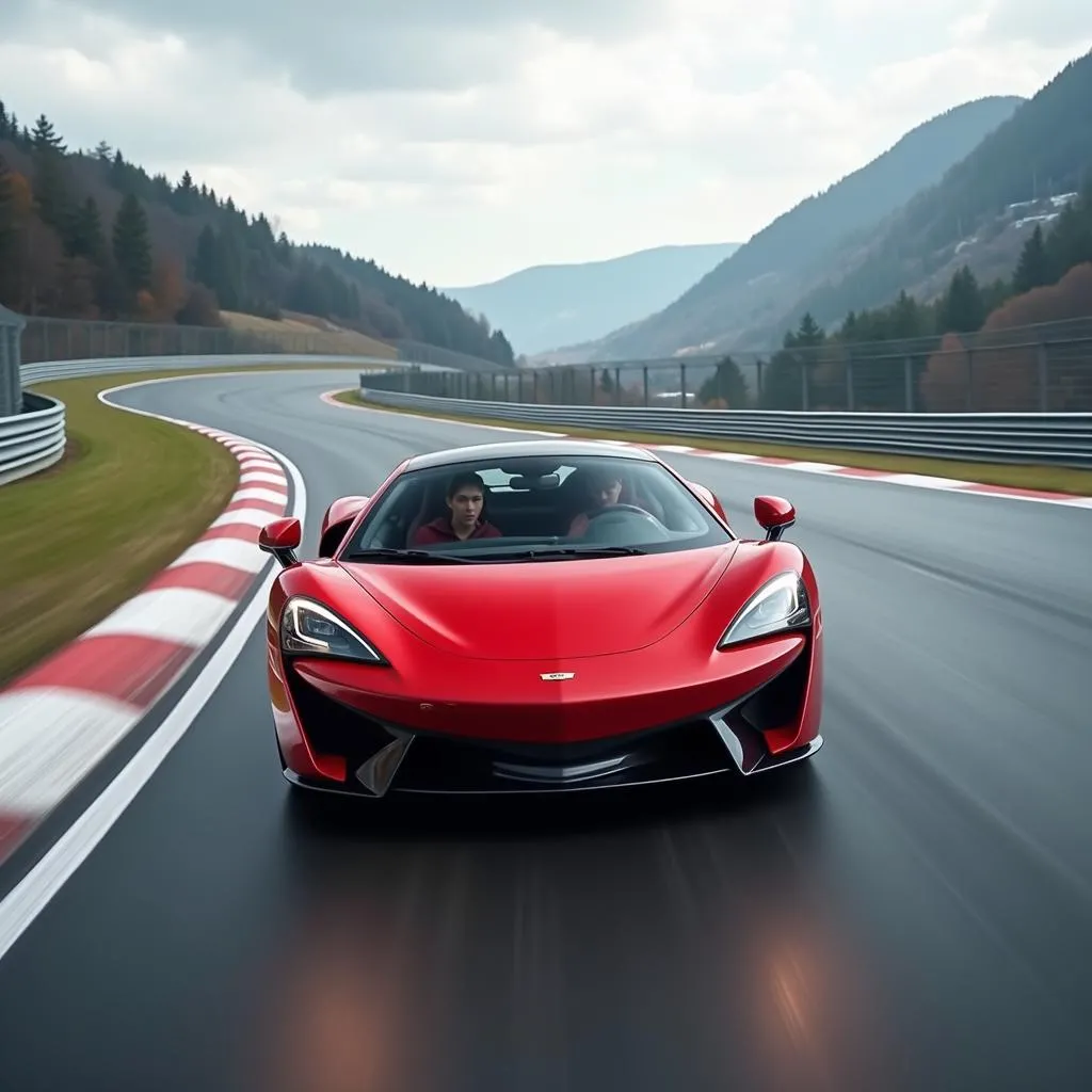 Voiture de sport rouge atteignant une vitesse élevée sur un circuit de course professionnel.