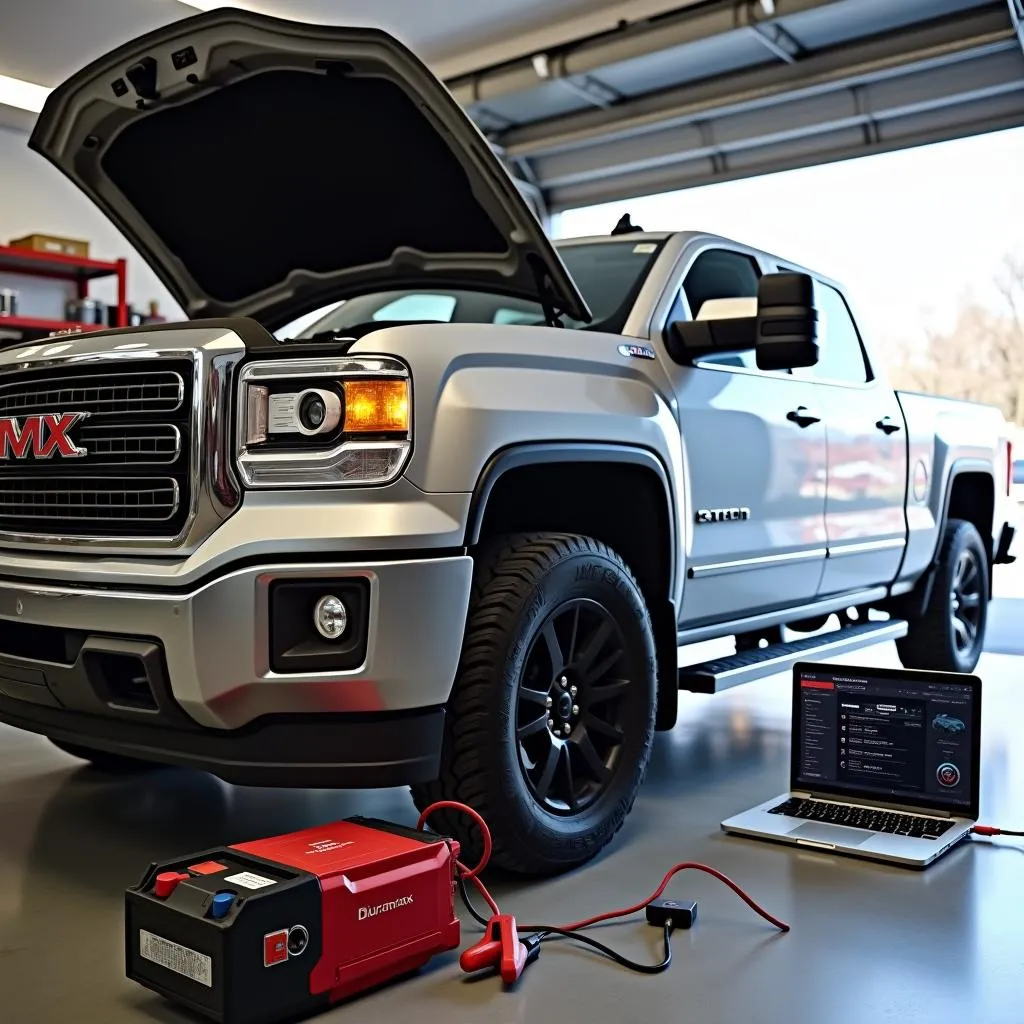 Voiture Duramax branchée à un ordinateur portable pour diagnostic