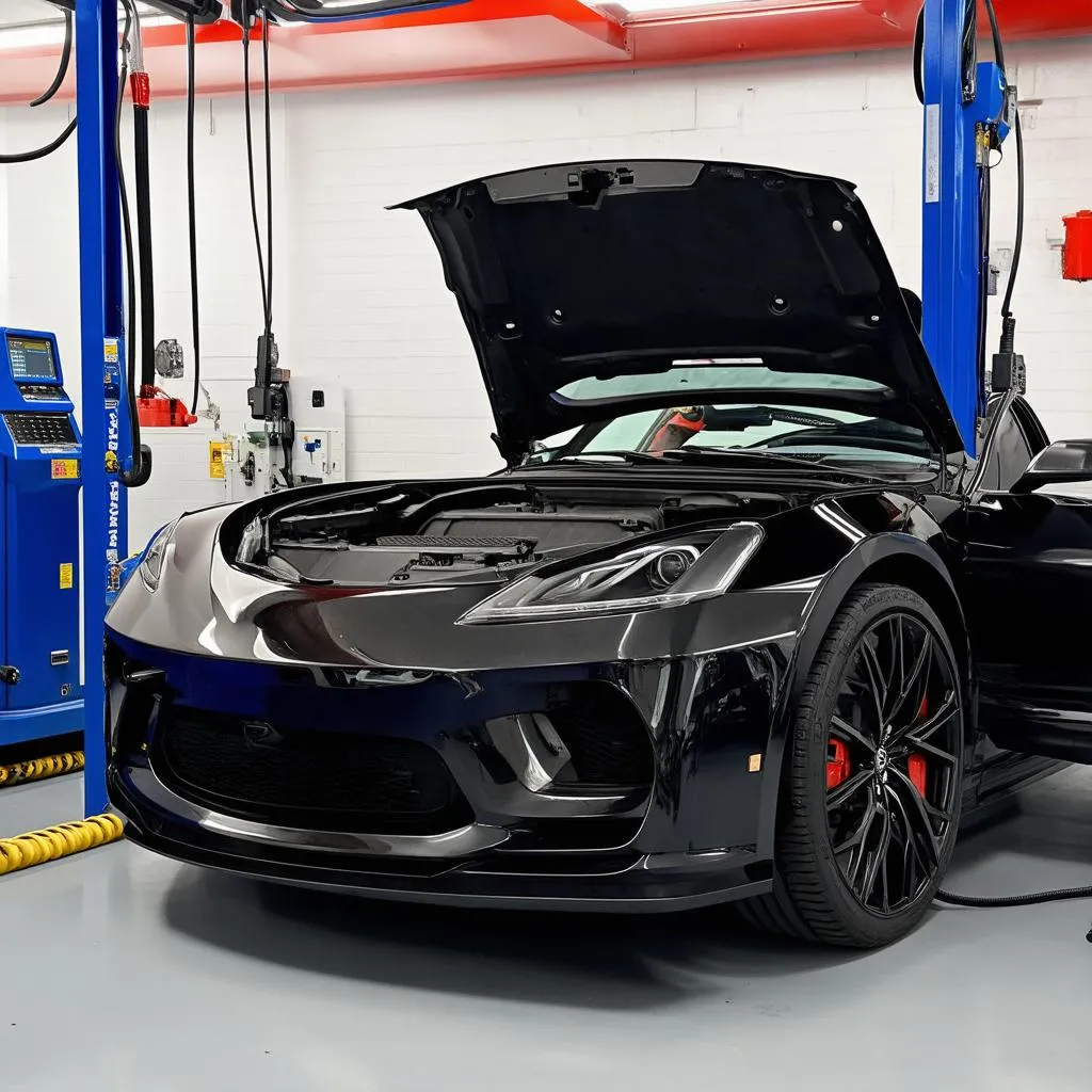 Voiture électrique dans un atelier mécanique