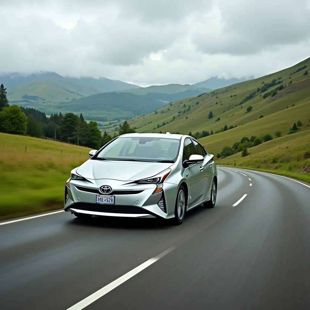 Voiture Prius sur une route de campagne