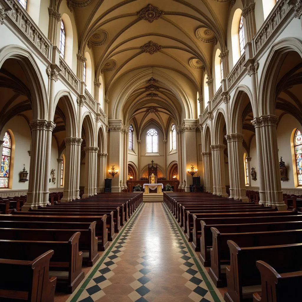 Vue panoramique d'une église historique avec autel central