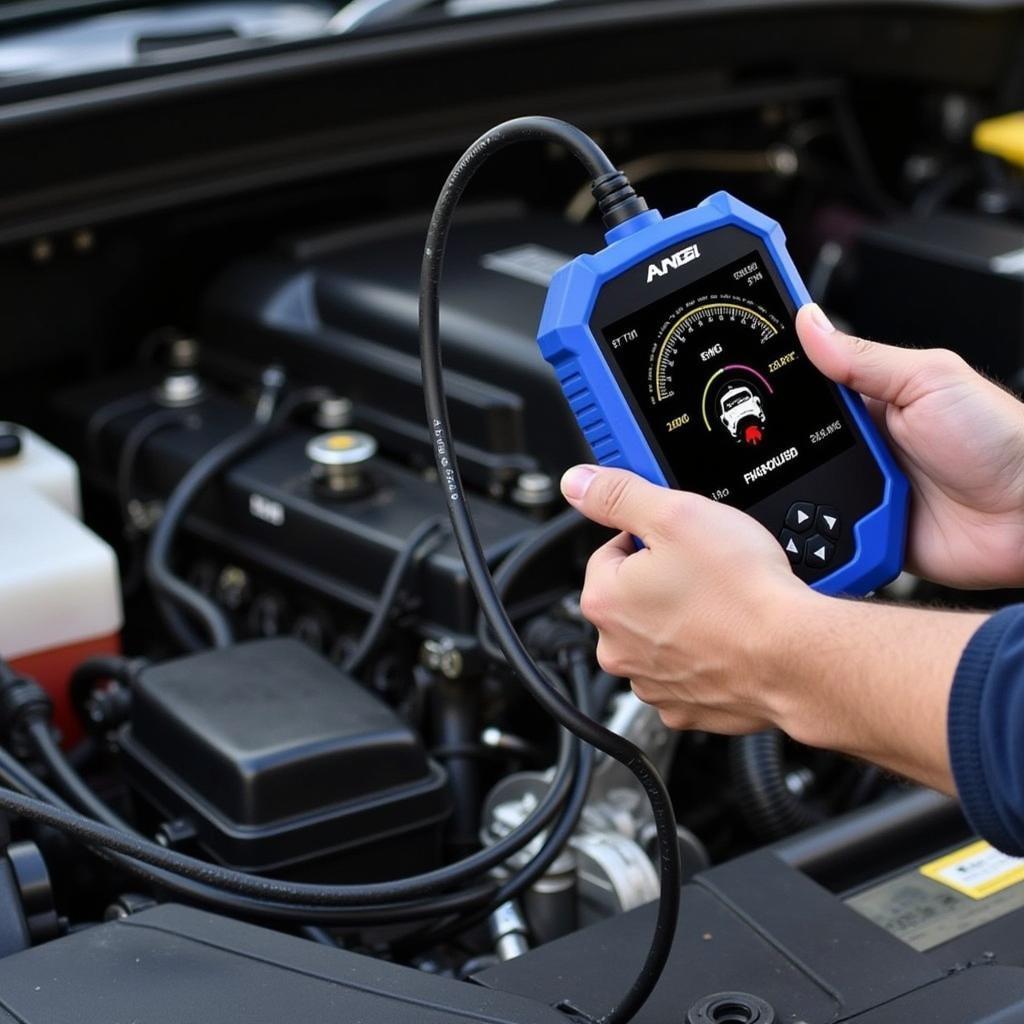 Outil de diagnostic Ancel OBD Scan connecté à la prise OBD2 d'une voiture