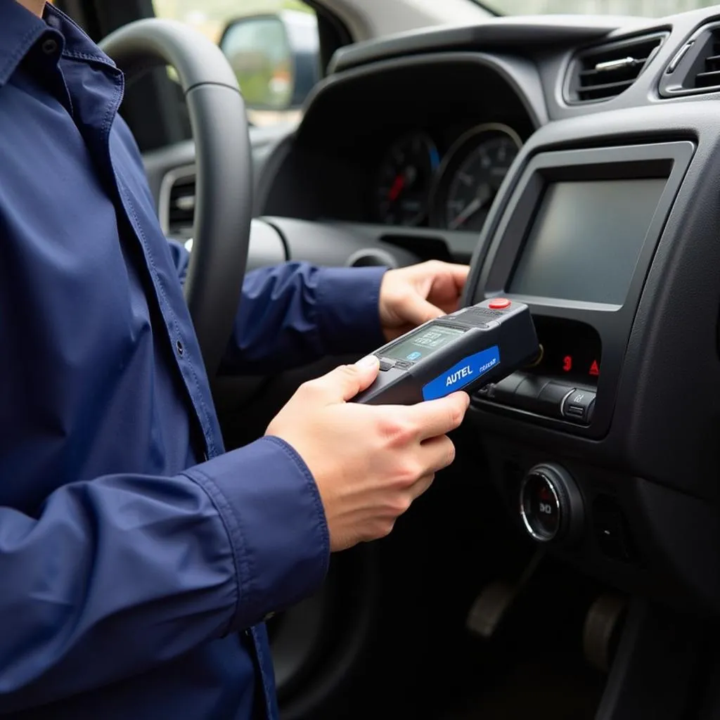 Un mécanicien utilisant l'Autel AL519 pour diagnostiquer une voiture