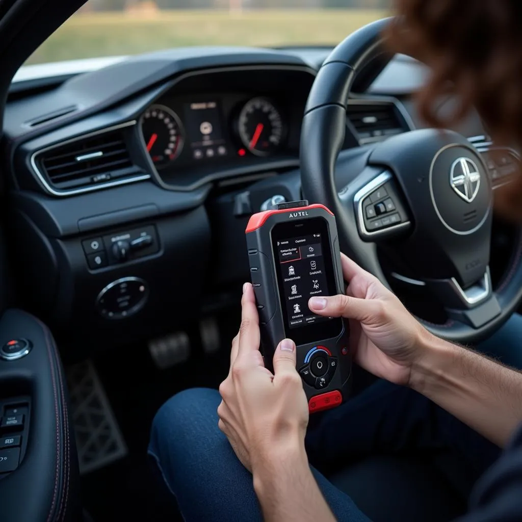 Scanner Autel Araignée Blanc en action, diagnostic d'un moteur de voiture européenne