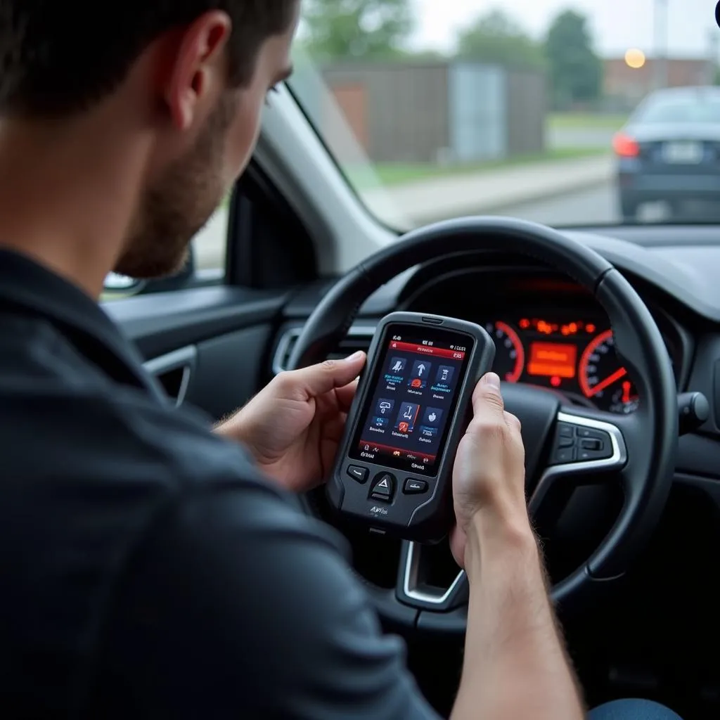 Un homme tient l'outil de diagnostic Autel MaxiScan OBD2, voyant moteur allumé en arrière-plan