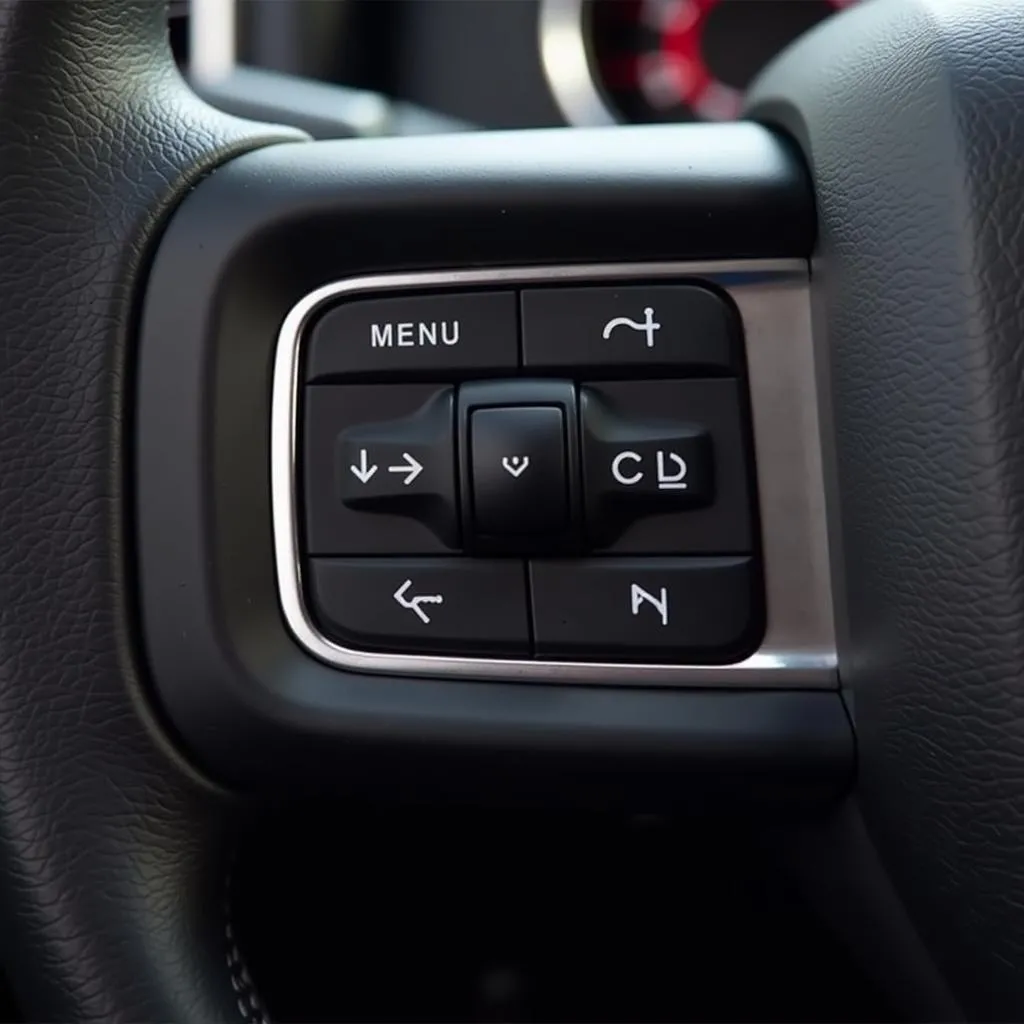 Gros plan sur les boutons du volant d'un Ram 2500 2018 avec mise en évidence du bouton MENU