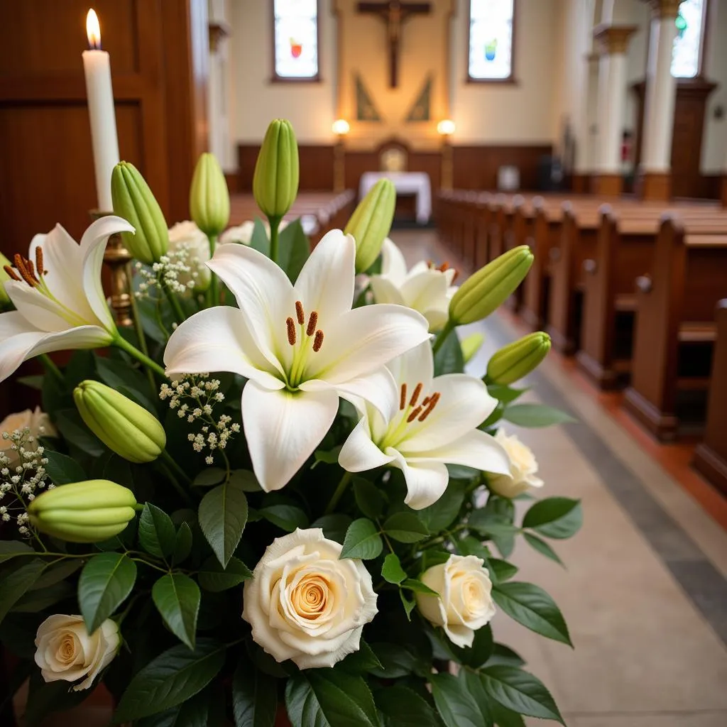 Décoration florale d'un autel d'église pour un mariage